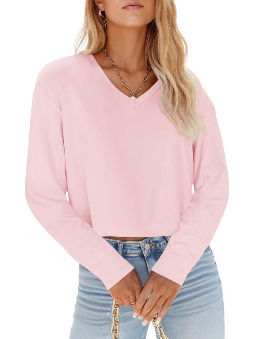 Women's Pink 1 Short Sleeve V Neck Cropped Casual Crop Tops T Shirts